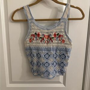 Beautees Light Blue and Cream Floral Crochet Tank Top